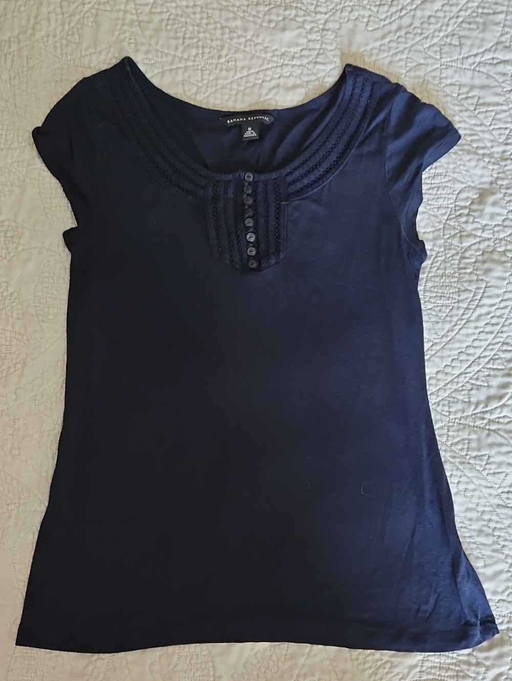 Banana Republic Navy Cap Sleeve Scoop-Neck Tee with Pintuck Detail